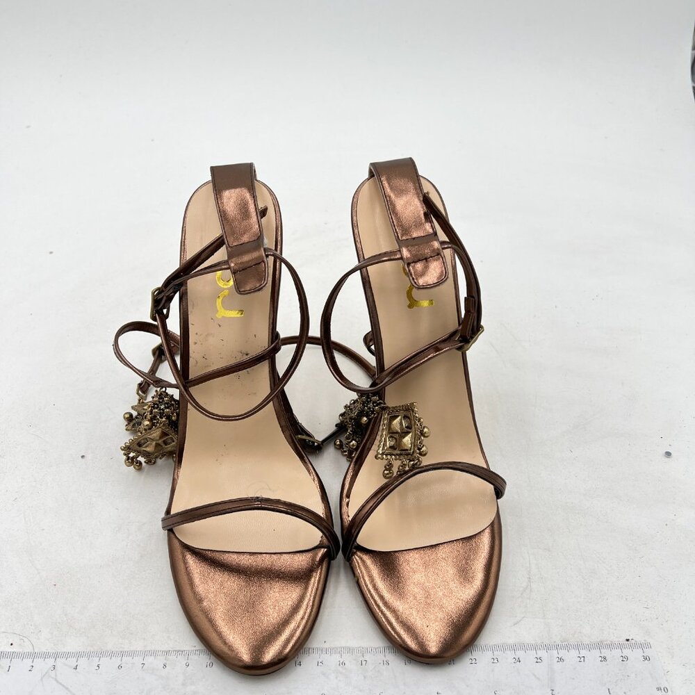 FSJ Brown Bell Gold Metal Chain Thick High Heel Open Toe Strappy Sandals - Picture 3 of 8